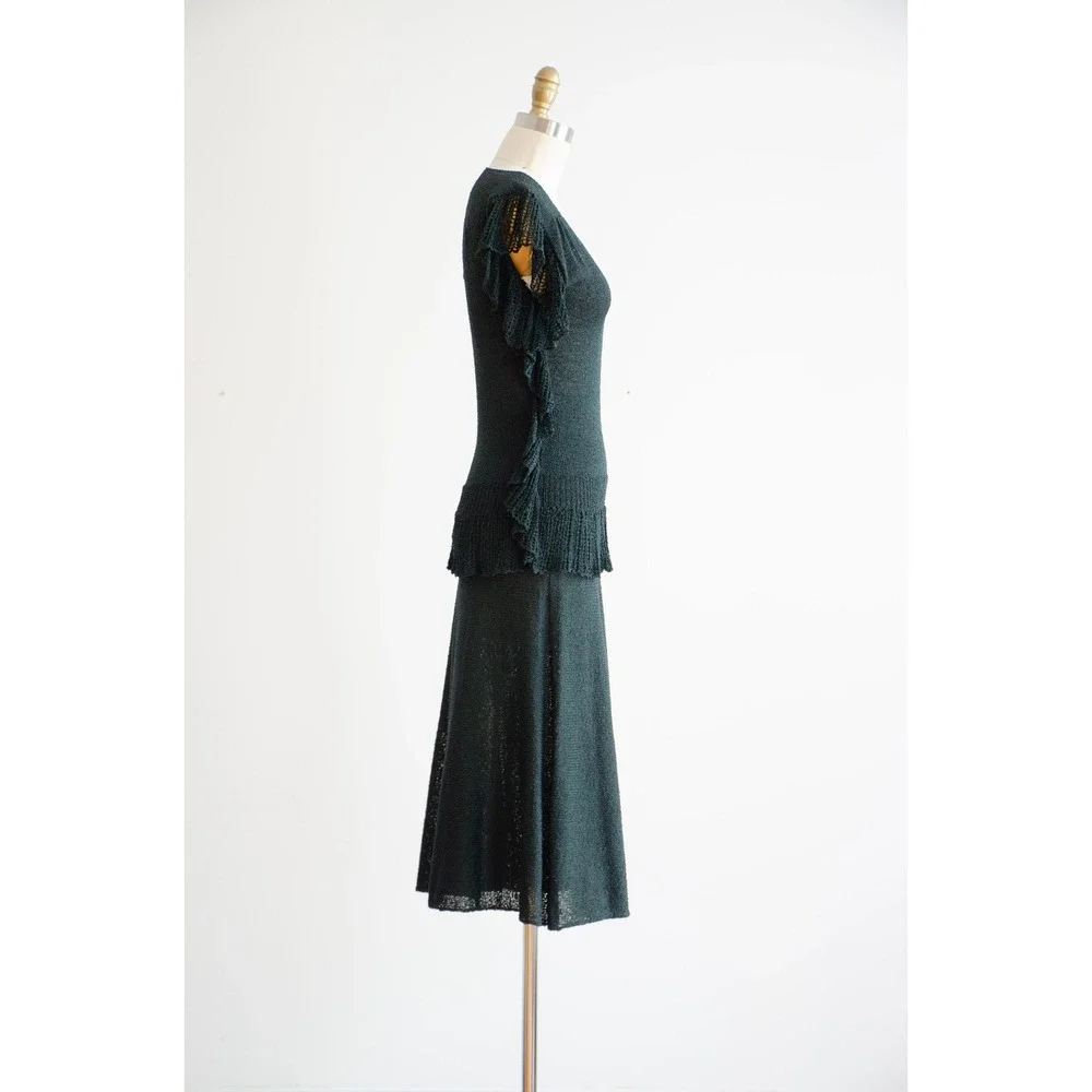 70s 80s vtg dark green ruffled sleeveless sweater skirt 2 piece set - Picture 8 of 10